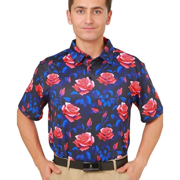 Suntasy Dry Fit Polo Golf Shirt,Midnight Rose Floral Prt., NEW, Small - Picture 1 of 5